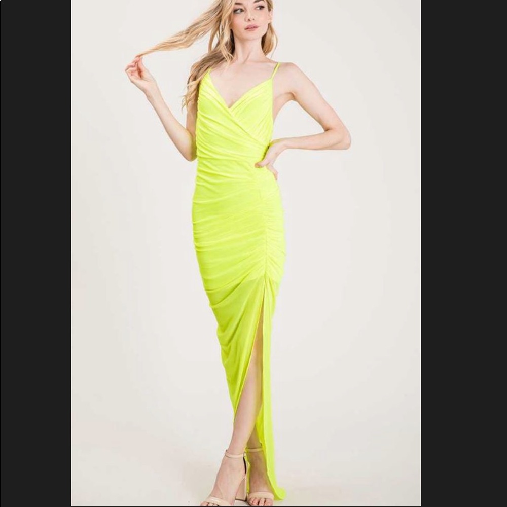 Hot Miami Styles Neon Yellow Mesh Ruched Slit Maxi